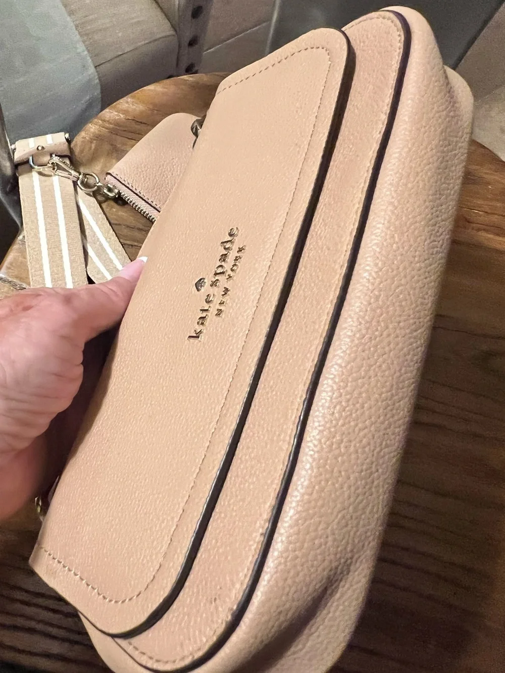 kate spade Pebbled Leather Crossbody Bag in Light Beige with Striped Strap